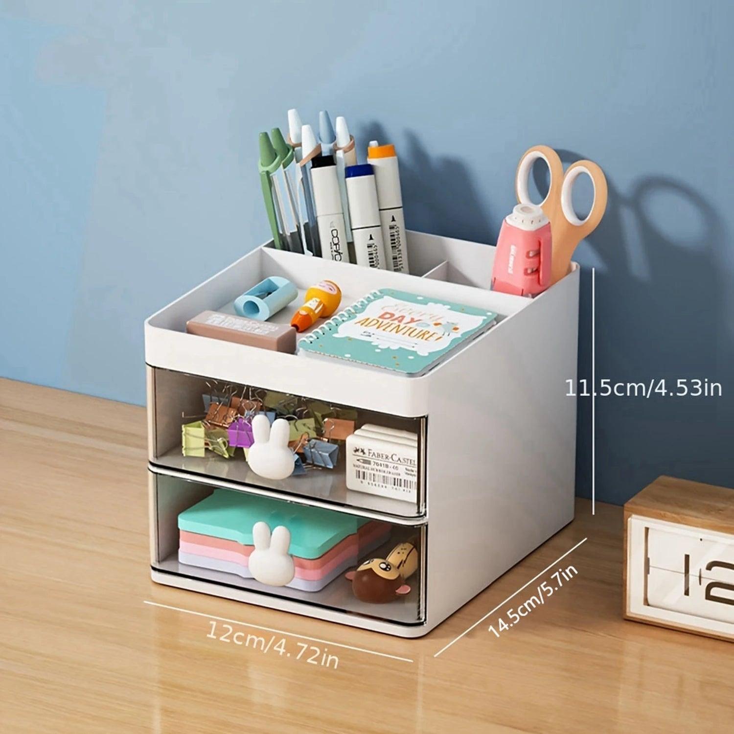 1PCS 2-laye Creative Pen Holder Transparent Drawer Rabbit Storage Box Children Girls Student Office Bedroom Desktop - SajiDeals