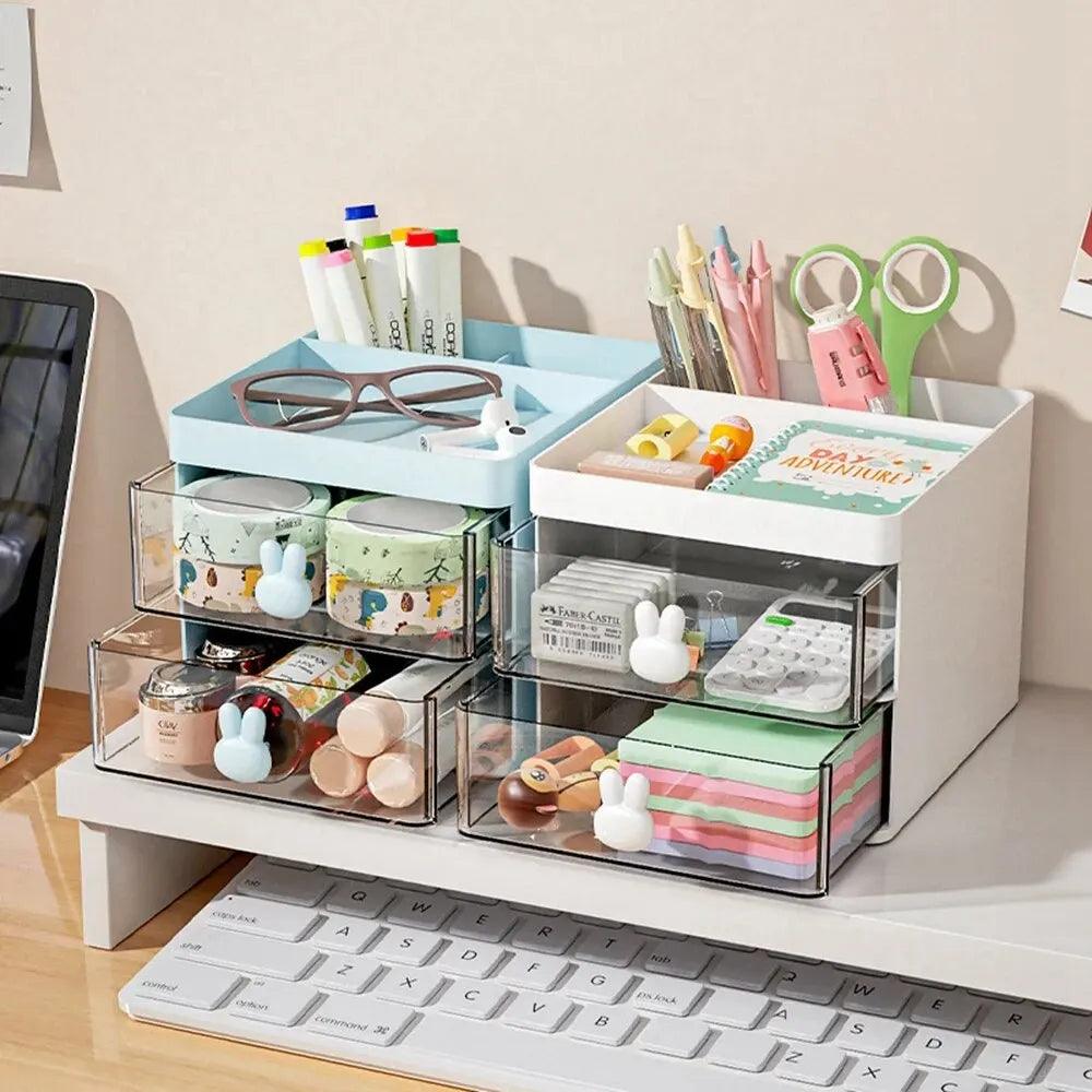 1PCS 2-laye Creative Pen Holder Transparent Drawer Rabbit Storage Box Children Girls Student Office Bedroom Desktop - SajiDeals